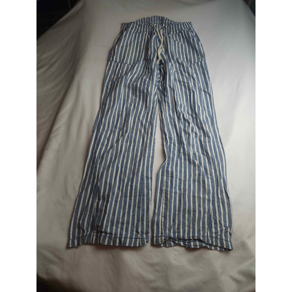 Style me Linen Blend Striped Wide Leg Pants Blue Smocked Waist Womens Size M